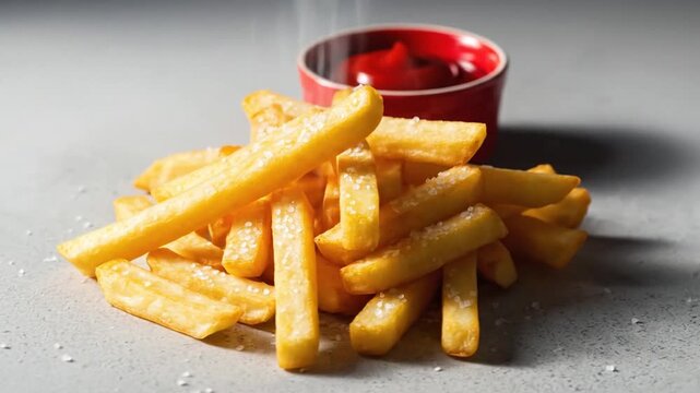 Pile of salted golden french fries with ketchup in a red ramekin on a light grey surface