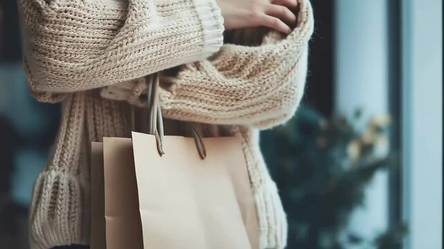 Cozy Autumn Shopping: A person, dressed in a warm knitted sweater, clutches a shopping bag, capturing the essence of a serene autumn day and the anticipation of treats.