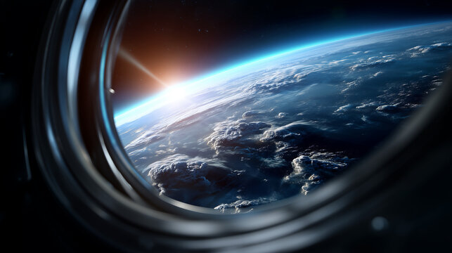 Planet Earth Horizon Seen from Spacecraft Window Space Exploration Concept Prompt photorealistic outer space scene showing the curved horizon of planet Earth with blue oceans and w