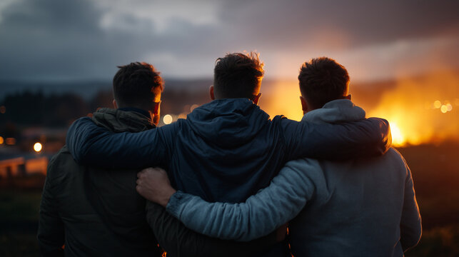 Three friends standing together with arms around each other at sunset, friendship, support, solidarity, unity, togetherness, emotional bond, back view, outdoor lifestyle, community, trust concept