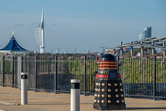 Southsea England - March 2 2026: The Happy Dalek on the promenade at Southsea Hampshire with The Spinnaker Tower in the background