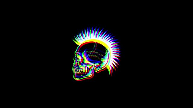 Animated punk skull with a vibrant mohawk featuring a digital glitch effect, chromatic aberration, and RGB color shifts on a solid black background.