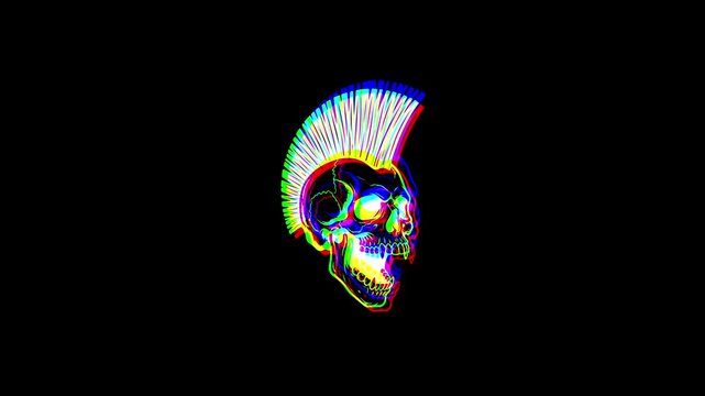 Animated punk skull with a vibrant mohawk featuring a digital glitch effect, chromatic aberration, and RGB color shifts on a solid black background.