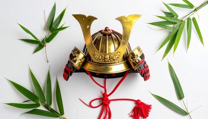 白背景に金色の兜・緑の竹の葉・赤い飾り紐を配した端午の節句フラットレイ俯瞰写真