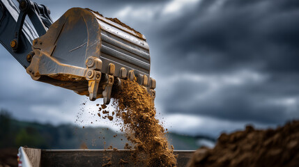 Close-Up Excavator Bucket Pouring Dirt into Construction Truck industrial scene showing a large excavator bucket tilted downward while pouring soil into the open bed of a dump truc