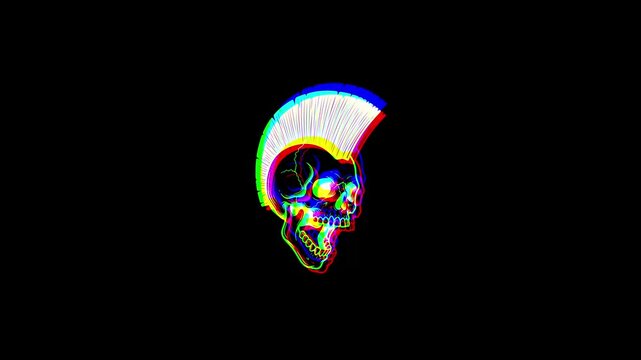 Animated punk skull with a vibrant mohawk featuring a digital glitch effect, chromatic aberration, and RGB color shifts on a solid black background.