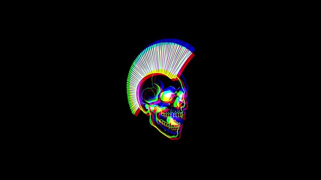 Animated punk skull with a vibrant mohawk featuring a digital glitch effect, chromatic aberration, and RGB color shifts on a solid black background.
