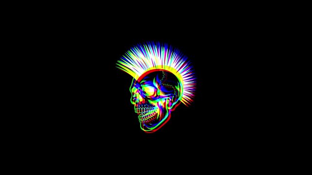 Animated punk skull with a vibrant mohawk featuring a digital glitch effect, chromatic aberration, and RGB color shifts on a solid black background.