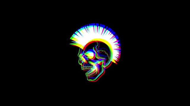 Animated punk skull with a vibrant mohawk featuring a digital glitch effect, chromatic aberration, and RGB color shifts on a solid black background.
