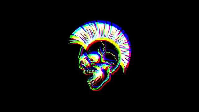 Animated punk skull with a vibrant mohawk featuring a digital glitch effect, chromatic aberration, and RGB color shifts on a solid black background.