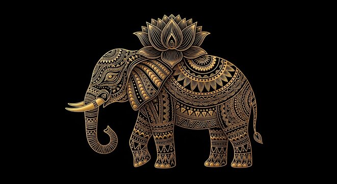 Golden Elephant Silhouette with Ornate Mandala Patterns and Lotus Flower on Black Background
