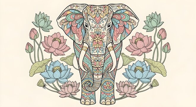 Decorative elephant surrounded by lotus flowers ornamental illustration