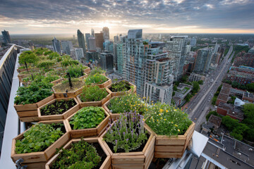 Fototapeta premium Urban Rooftop Garden with Cityscape View at Sunrise