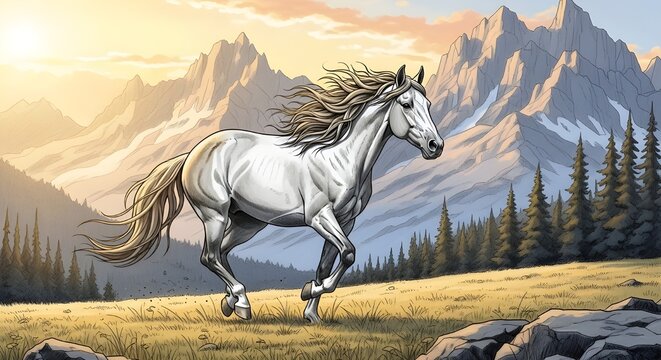 White Horse Galloping Through a Sunny Mountain Landscape Illustration