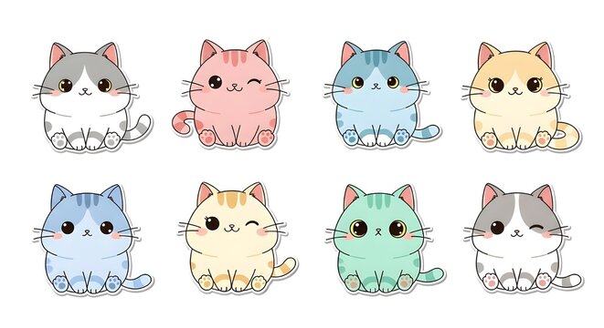 Set of Adorable Chubby Cat Characters in Various Pastel Colors