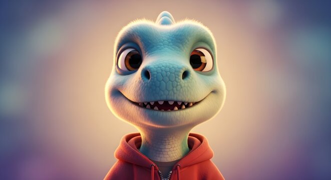 Portrait of a Cute 3D Character Blue Dinosaur Wearing a Red Hoodie
