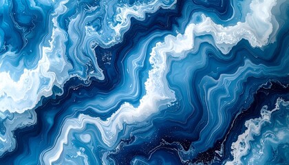 ブルーと白が渦巻くクールなフルードアート大理石調テクスチャのオーバーヘッドショット
