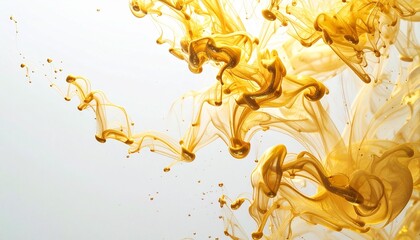 白背景の水の中に広がるゴールドインクのラグジュアリーなオーバーヘッドクローズアップ