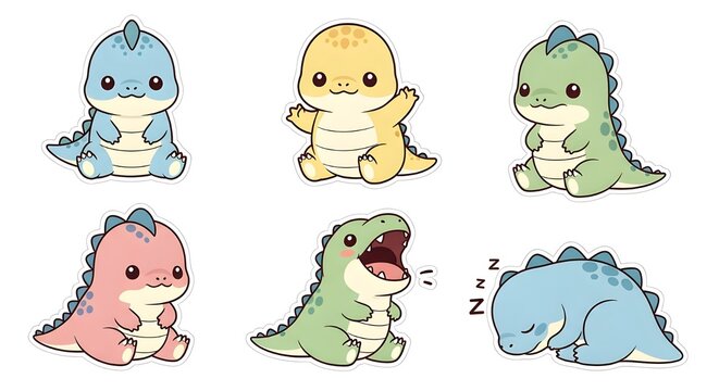 Cute Baby Dinosaur Sticker Collection, Kawaii Dino Character Set with White Border, Vector Illustration