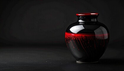 光を反射する深い黒と赤の漆塗りが施された漆器の壺のクローズアップ