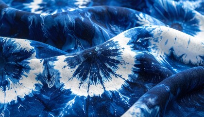 深い藍と白の美しいコントラストが際立つ絞り染め生地のクローズアップ