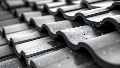 灰色と黒の幾何学的な重なりが美しい屋根瓦のサイドアングルクローズアップ