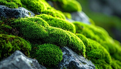 灰色の岩に深い緑色の苔が茂る鮮やかなコントラストのクローズアップ
