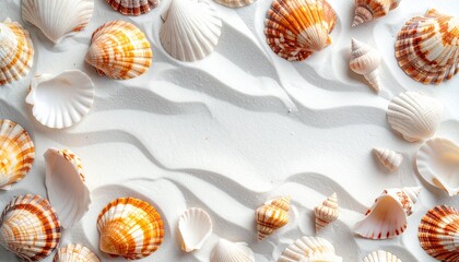 白砂の上に散りばめられた様々な貝殻がコピースペースを囲むオーバーヘッドショット