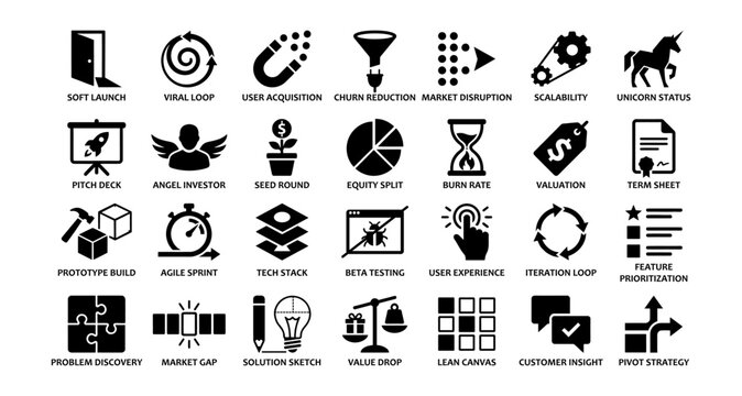 Startup and Growth Strategy solid icon set. Containing icons for angel investor, unicorn status, user acquisition, market disruption, and scalability for business and tech. Solid vector illustrations.