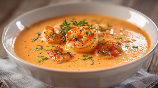 Delicious shrimp bisque garnished with fresh herbs in bowl