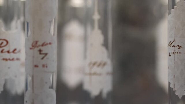 Detailed pan right shot of empty glass test tubes with aged vintage labels. Antique apothecary vials in a row inside an old laboratory or pharmacy with mysterious atmosphere.