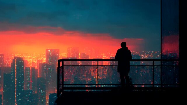 Silhouette of a person overlooking a vibrant cityscape