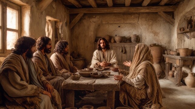 Jesus teaching in the house of Mary and Martha ancient biblical home
