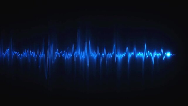 Blue sound wave motion graphic with glowing pulses on dark background 4k video