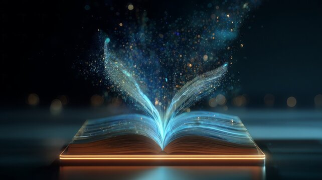 Digital Open Book of Knowledge, holographic book. Data information artificial intelligence, glowing, wireframe design with holographic pages and floating data particles dust knowledge transmission.