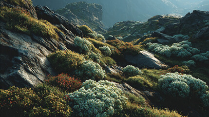 Mountain shrub drone, textured alpine vegetation on rocky slopes, sunlight creating highlights, emphasizing botanical textures, natural patterns, and highland landscape.