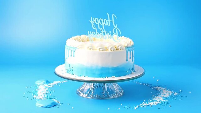 Blue and white birthday cake with dripping icing on a stand 4k video