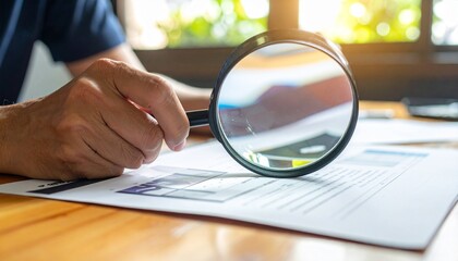 木製テーブルの上でグラフ資料をルーペで拡大して調べるビジネスパーソンの手元クローズアップ