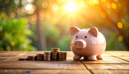暖かな自然光の中でコインの塔が並ぶピンクの豚型貯金箱が木製テーブルに置かれたクローズアップ