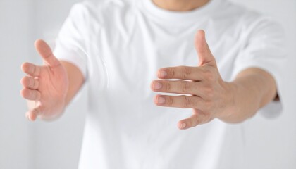 白い部屋で両手を広げてストレッチする日本人の体の前に筋肉の動きを可視化したARホログラムが浮かぶ写真