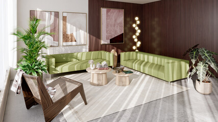 Naklejka premium Large luxury modern bright interiors Living room mockup illustration 3D rendering Generated Color Image