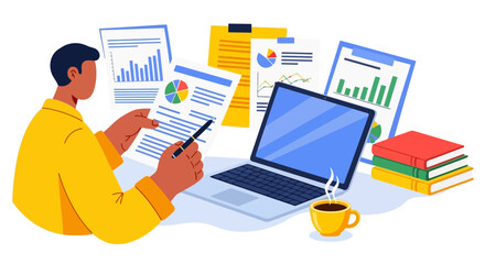 Busy professional reviewing colorful pie charts and financial data