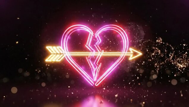 Neon Heart Broken by Arrow with Sparks.