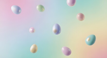 Colorful Easter eggs floating in pastel rainbow background