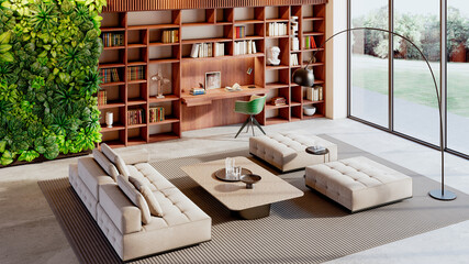 Naklejka premium Large luxury modern bright interiors Living room mockup illustration 3D rendering Generated Color Image