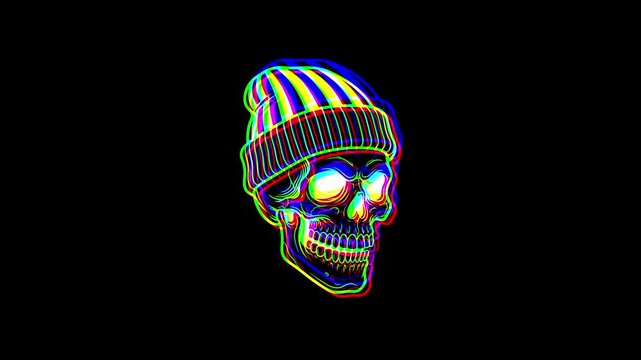 Animated skull wearing a simple winter beanie hat, featuring a vibrant digital glitch effect, chromatic aberration, and RGB color shifts on a black background.