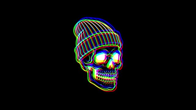 Animated skull wearing a simple winter beanie hat, featuring a vibrant digital glitch effect, chromatic aberration, and RGB color shifts on a black background.