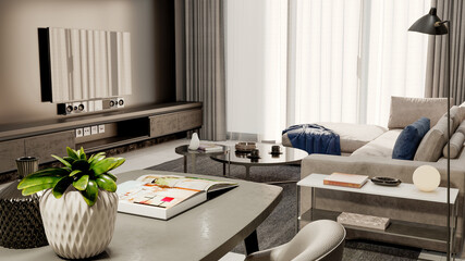 Naklejka premium Large luxury modern bright interiors Living room mockup illustration 3D rendering Generated Color Image