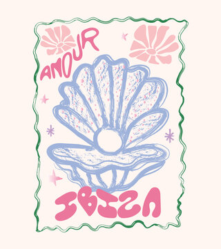 Hand drawing art seashell t-shirt design. Sea you at the beach.  Sound of the sea. Seashell vintage artwork. Summer vibes artwork. Beach modern abstract art. 