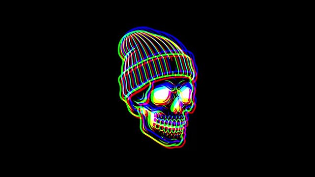 Animated skull wearing a simple winter beanie hat, featuring a vibrant digital glitch effect, chromatic aberration, and RGB color shifts on a black background.